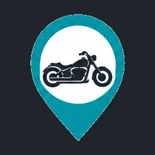 The RideTracker app icon — a teal map pin with a motorcycle