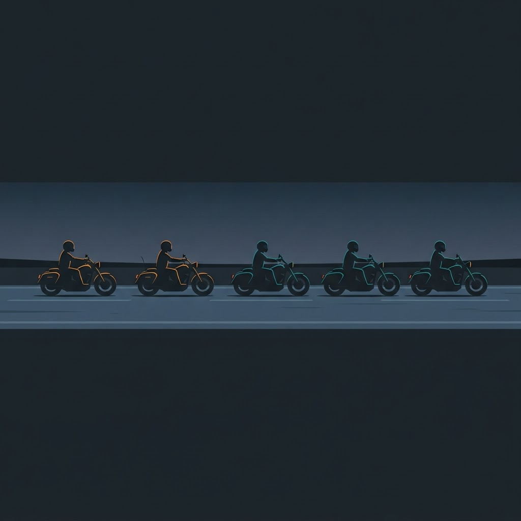 A line of motorcycles riding together on a horizon road